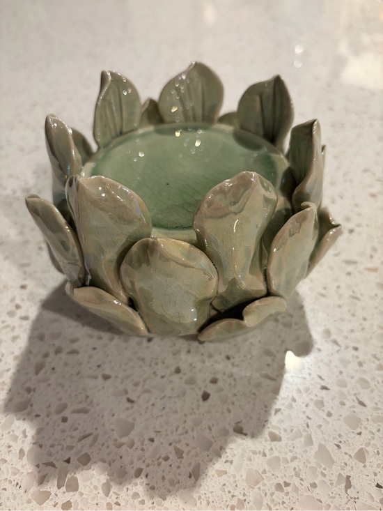 None Other - Ceramic Leaf Candle Holder in Sage Green